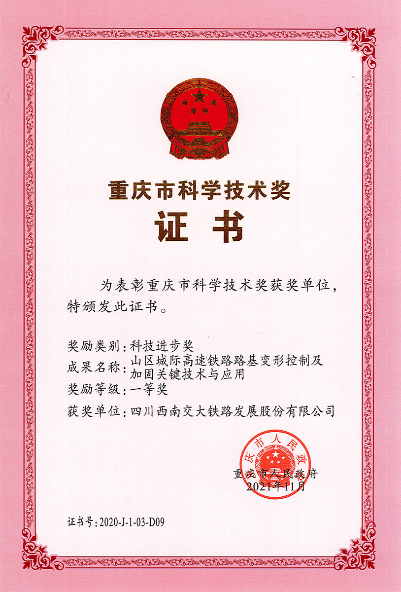 重庆市科技进步奖一等奖（2020年度）